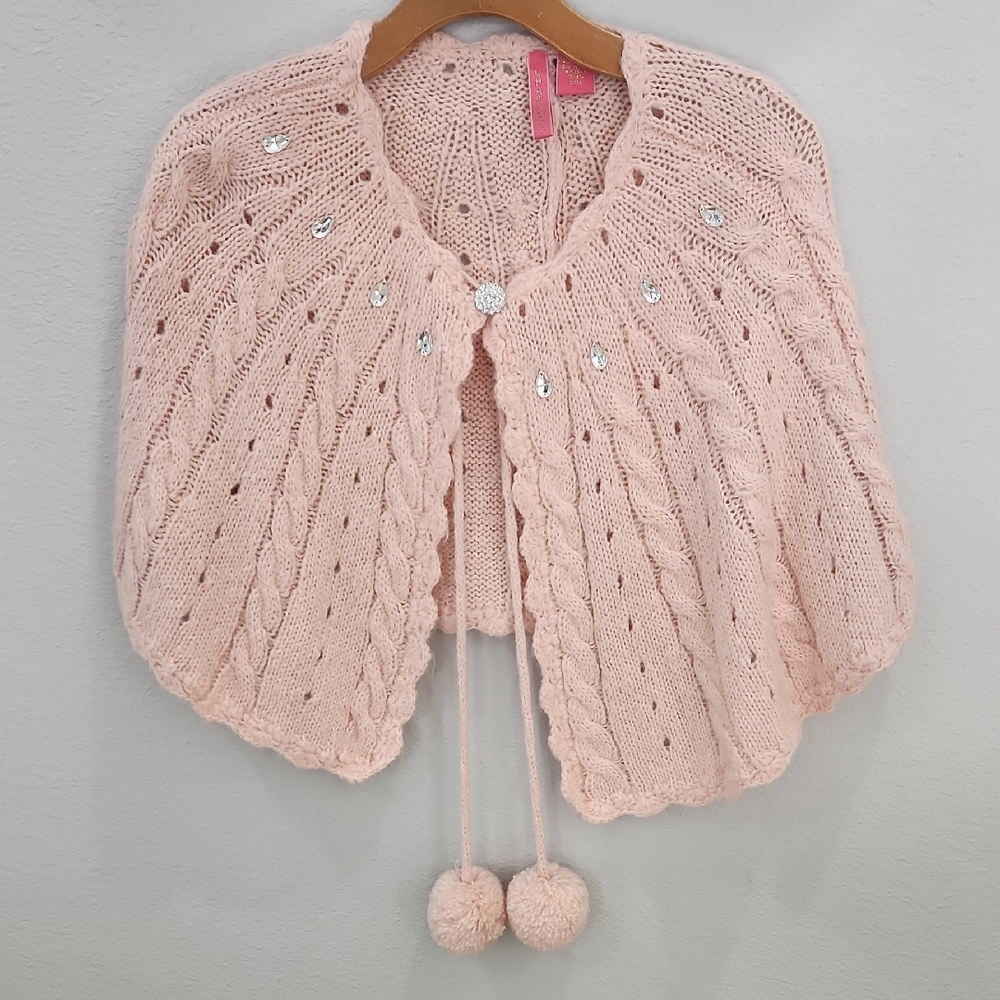 Women's Pink Knit Capelet Shrug with Pom Tie